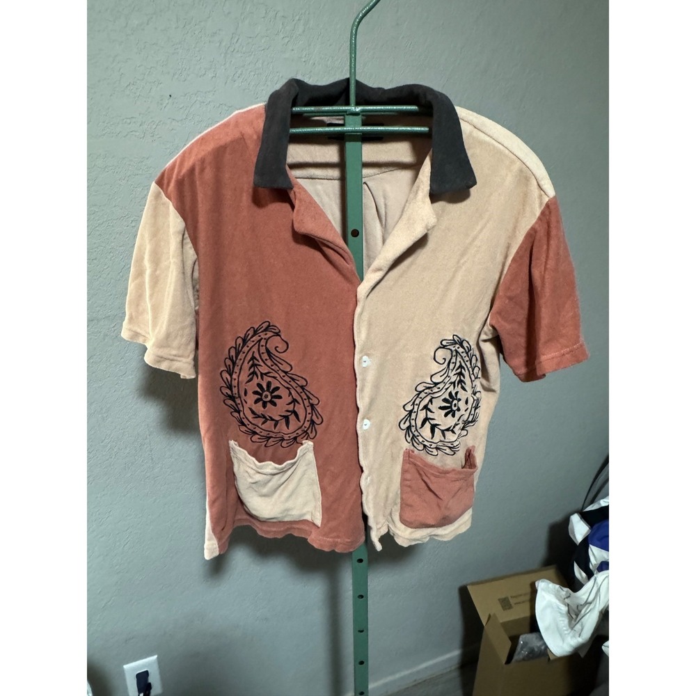 PacSun Mens Terry Cloth Button Up Shirt Large Orange Cream Retro Paisley Beach
